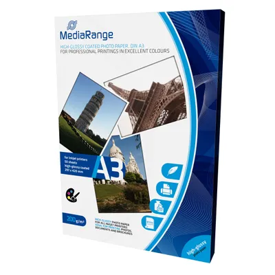 Zdjęcie produktu dla MediaRange MRINK109, Wysoki połysk, 200 g/m², Atramentowa, A3, Biały, 50 ark.
