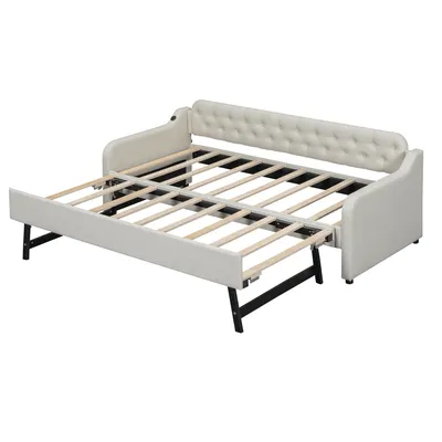 Produktbild von Schlafsofa mit Bettfunktion, 90x200cm/180x200cm, USB Anschlüssen, Gästebett, Liegefläche erweiterbar, Polsterbett, Jugendbett, Leinen