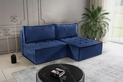 Zdjęcie produktu dla Sofa w kształcie L mini BOHOO narożnik tkanina Raven niebieski prawy