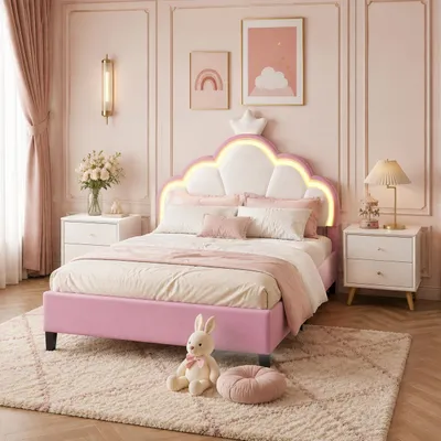 Produktbild von INONEFT 140 × 200 cm Kinderbett, Doppelbett mit LED, polsterbett mit kronenförmigem Kopfteil und Lattenrost, höhenverstellbares Kopfteil, samt, rosa, KI-generiertes Bild