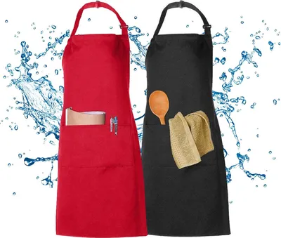 Produktbild von 2er-Pack Schürzen, spritzwassergeschützte Schürzen, Kochschürze, für Damen und Herren, schwarz, rot, Küchenschürze mit 2 Taschen