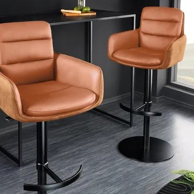 Produktbild von Echtleder Barstuhl CHARLES cognac höhenverstellbar drehbar Armlehnen
