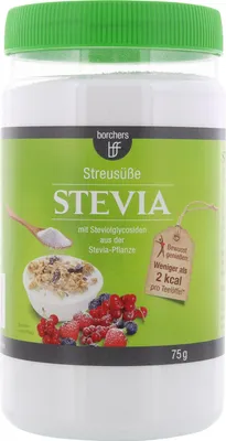 A jar of Stevia sweetener with a green lid, placed on a white background with a green and light green label. The label features an illustration of a bowl of yogurt with granola and berries, a spoon with Stevia powder, and a small tag with nutritional infor