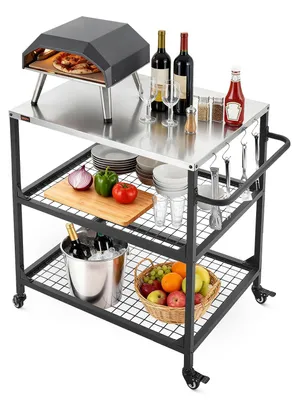 Zdjęcie produktu dla VEVOR Wózek grillowy Outdoor 80x61 cm (rozmiar blatu), stolik grillowy na kółkach z uchwytem bocznym, 2 półkami z kratką i 4 kółkami, stolik do przygotowywania potraw na grilla, wózek do serwowania posiłków na pikniku, w kuchni lub w ogrodzie