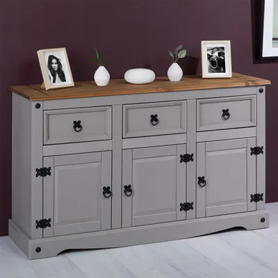 Produktbild von Sideboard RAMON Landhausstil Kommode Kiefer massiv grau lasiert mit 3 Schubladen und 3 Türen
