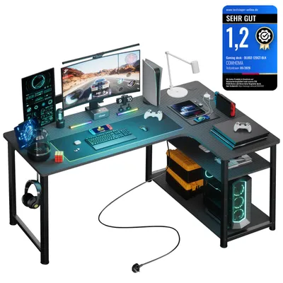 Obrázek produktu pro GTPLAYER Rohový stůl Herní stůl s policí, USB portem a zásuvkou (1 stůl), 120cm počítačový stůl ve tvaru L, PC stůl do kanceláře,