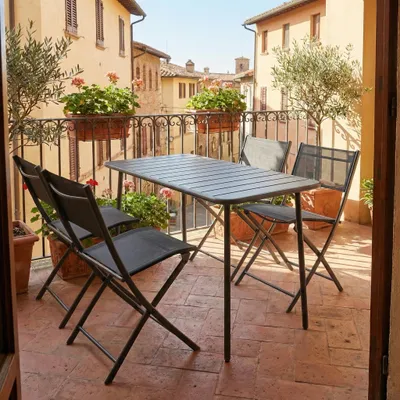 Produktbild von VCM 5-teilig Balkonmöbel Set, Gartentisch 110x55 cm mit 4 Klappstühlen, Metall & Textilene, wetterbeständig, platzsparend für Balkon & Terrasse, Sumila