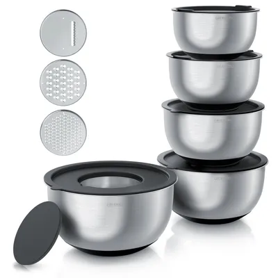 Produktbild von Arendo Salatschüssel 5er Set Edelstahl mit Deckel, 1,6L / 2L / 3L/ 4L/ 5L, Edelstahlschüssel, Rührschüssel, Küchenschüssel (Set, 5-tlg), BPA-frei, spülmaschinengeeignet