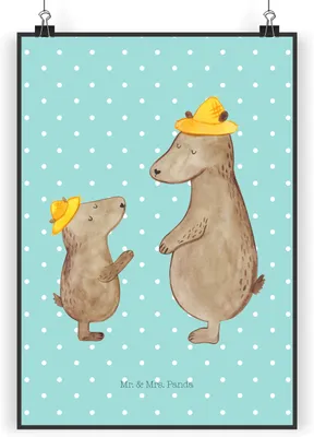 Produktbild von Mr. & Mrs. Panda Bild Bären mit Hut DIN A3 - Türkis Pastell - Geschenk, Wandbild, Family, Vatertag, Plakat, wanddeko, drucke, Muttertag, Kunstdruck