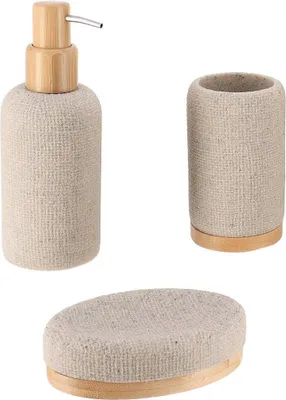 Produktbild von Set aus seifenspenderbecher und seifenschale aus polyresin mit mascheneffekt und bambus - natürlich - Tendance