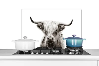 Produktbild von KitchenYeah®  Spritzschutz Küche - Küchenrückwand - Wandschutz für Herd und Spüle - Schottisches Hochlandrind - Kuh - Schwarz - Weiß 70x50 - Alu-Dibond (Alternative zum Spritzschutz aus Glas) - Hitzeb