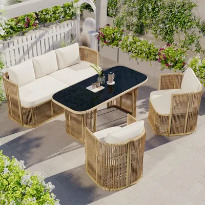 Produktbild von 4-tlg. PE-Rattan Gartenmöbel Set Sitzgruppe Lounge-Set 5 Personen inkl. 3-Sitzer Sofa 2 Sessel & Glastisch 120cm Wetterfest Beige/Schwarz