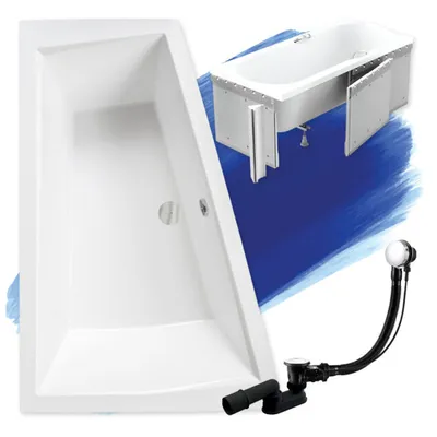 Zdjęcie produktu dla Wanna Akrylowa Zestaw 4w1 Asymetryczna 180x125 Lewa Biała + Zabudowa Styropianowa, Nowoczesny Syfon i Nogi (stelaż) w komplecie | BADLAND INTIMA