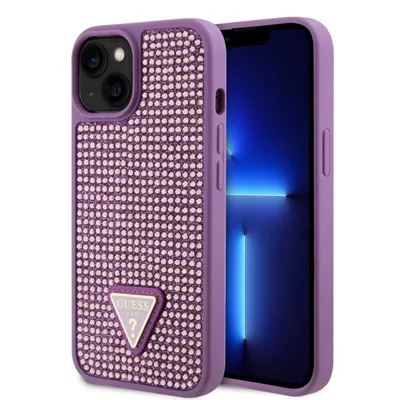 Produktbild von Guess Hülle Strass Dreieck Metall Logo iPhone 15 Lila