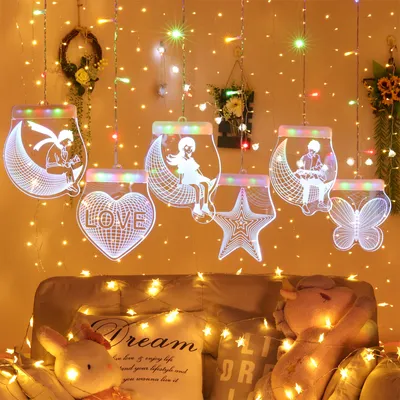 Produktbild von Led Love Lichtervorhang Bunt, Weihnachten 3d Sterne Und Mond Lichterkette Mit Fernbedienung  Timer/Speicherfunktion/5 Modi/Usb-Stecker, Weihnachtsdekoration Fensterdeko