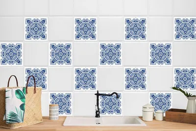 Produktbild von 24 Stück Laminierter Sticker Selbstklebende Wandaufkleber Für Bad Küche Blue Azulejo 20 x 20 cm