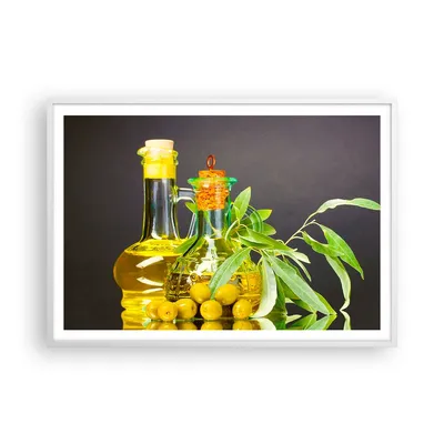 Produktbild von Gerahmtes Poster - Weißer Rahmen - Flasche Glas Olive Öl - 100x70 cm - Wand Bild - Wanddeko - Wandbilder - Kunstposter - Wandposter - Bilderrahmen - Bilder - Kunstdruck - Wandbild - P2WAA100x70-2168