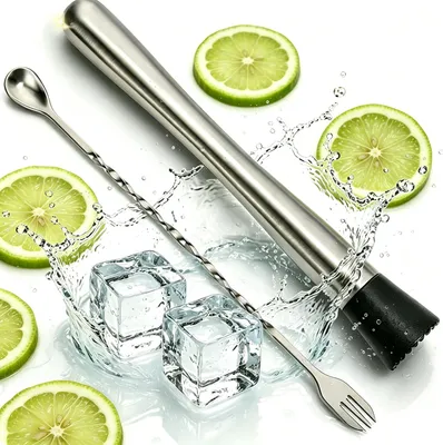 Produktbild von Cocktail Stößel, Edelstahl Cocktail Stampfer, Edelstahl Stößel, mit Doppelendiger Rührlöffel, Cocktail Zubehör für Bars