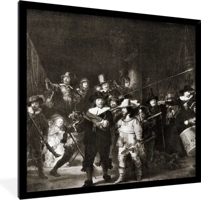 Produktbild von MuchoWow® Gerahmtes Poster Die Nachtwache in Schwarz und Weiß - Rembrandt van Rijn 40x40 cm - Poster mit Schwarzem Bilderrahmen Wandposter Rahmen Foto Bilder - Mit Rahmen - Wanddekoration Schlafzimmer