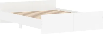 A white bed frame with wooden slats is shown against a white background.
