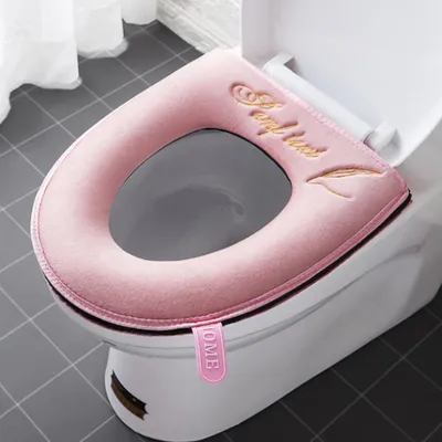 Produktbild von 2 Stück dickere Badezimmer-Toilettensitzbezüge mit Griff, WC-Deckelbezug, Kissen, weich, dicker, waschbar, passend für alle ovalen WC-Sitze, rosa