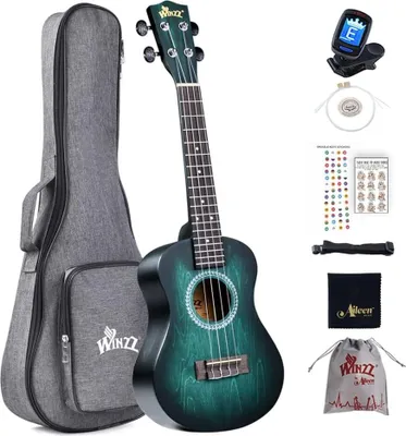 Produktbild von Ukulele Konzert Anfänger Set Kinderm Erwachsene, Einzigartiges Farbdesign, mit Tasche, Stimmgerät, Zusätzlichen Saiten, Gurt,Noten-Aufkleber(Blau-Gru)