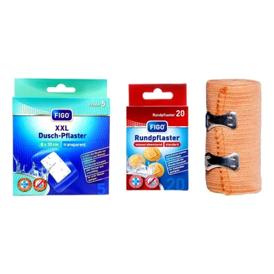 Produktbild von Pflaster Dusch - & Sport-Set, XXL Duschpflaster + Rundpflaster + Elastikbandage, Wund Verband FIGO erste Hilfe Box