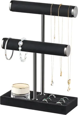 Produktbild von Schmuck Organizer mit 2 Ebenen - Schwarz Schmuckständer Armbänder, Abnehmbarer T-Steg Schmuck Ständer, Samt-Armbandhalter, Schmuckhalter