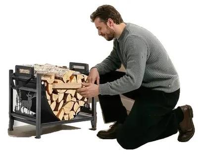 Image de Étagère pour bois de chauffage, en acier avec revêtement époxy, dimensions 450 x 315 x 415 mm, capacité de charge de 18,1 kg, design incurvé, support en toile