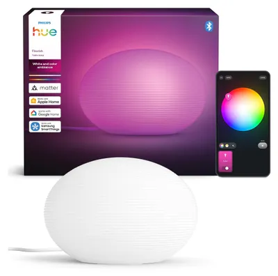 Produktbild von Philips Hue White and Color ambiance Flourish Tischleuchte, Intelligente Tischleuchte, Bluetooth/Zigbee, Weiß, Glas, E27, Multi