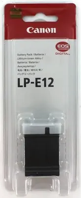 The image shows the retail packaging of a Canon LP-E12 battery pack.