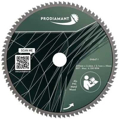 Zdjęcie produktu dla Brzeszczot tarczowy PRODIAMANT 250 mm do drewna, metalu i aluminium z zębami HM TCT