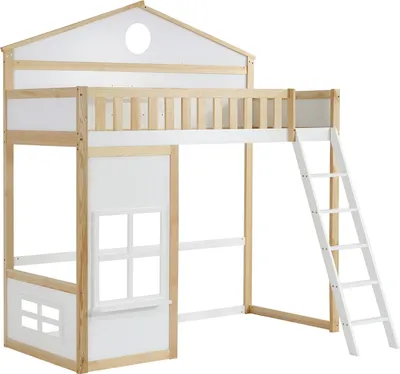 Produktbild von Etagenbett,Hausbett,Kinderbett mit Treppe,Fallschutz und Gitter,mit Dach und Fenster, Frei gestaltetes Unterbett, Rahmen aus Kiefer
