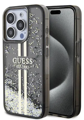 Obrázek produktu pro Guess Liquid Glitter Gold Stripes Case pro iPhone 15 Pro, černý