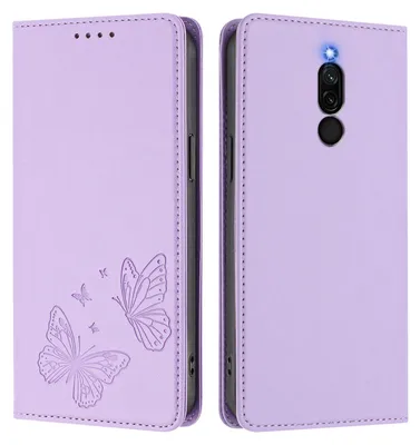 Image de Étui en cuir pour Xiaomi Redmi 8, avec motif papillon, type portefeuille rabattable avec support. Couleur : violet clair