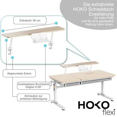 Produktbild von HOKO® Ergo-Study. Manuell höhenverstellbar Kinderschreibtisch mit Schreibtischaufsatz mit Neigung Einstellbarer Tischplatte und Butler mit Buch-Halter