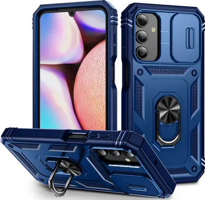 Produktbild von Hülle für Samsung Galaxy A15 5G/4G, Schiebe Kamera Schutz Stoßfest Schutzhülle mit Ringhalterung Ständer Blau
