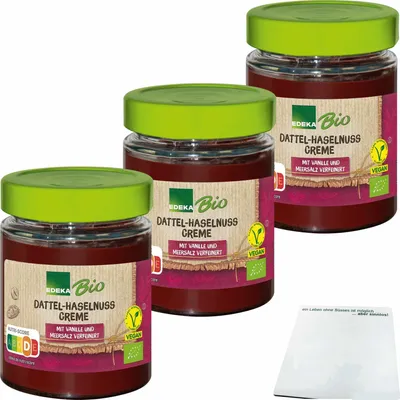 Produktbild von Edeka  Dattel- Haselnuss Creme mit Vanille und Meersalz 3er Pack (3x240g Glas) + usy Block