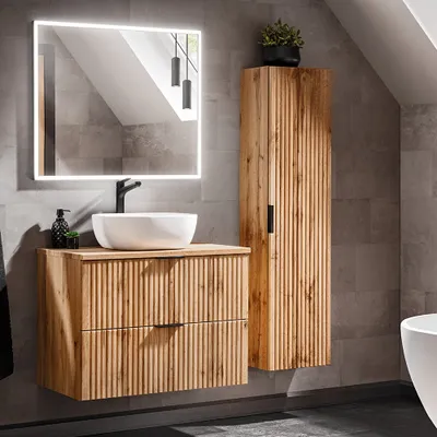Produktbild von Badezimmermöbel Set Wotaneiche mit Rillenoptik ADELAIDE-56 LED-Spiegel & Waschtisch mit Keramikbecken, Hochschrank