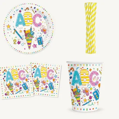 Produktbild von ABC Einschulung Partyset, 8 Pappteller 23 cm, 8 Pappbecher 210 ml, 20 3-lagige Servietten 33 x 33 cm, 12 Trinkhalme gelb gestreift