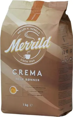 A bag of Merrild Crema whole coffee beans.