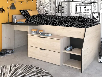 Produktbild von PARISOT Kinderbett mit Schreibtisch & Stauraum GISELE - 90x200 cm - Eiche & Schwarz
