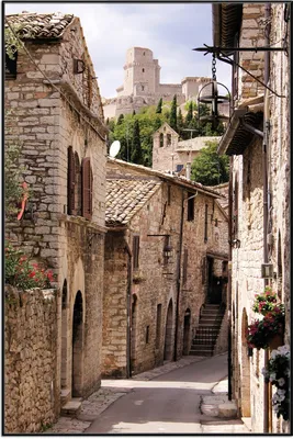 Produktbild von Wallario Wandbild Italienische Gasse, Größe: 61 x 91,50 cm, Poster mit schwarzem Aluminiumrahmen