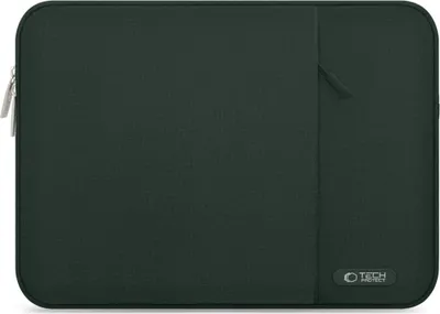 A dark green laptop sleeve is shown flat against a matching background.