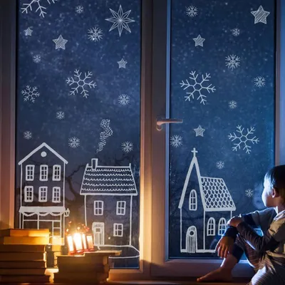 Produktbild von Vorlage Fensterbild Kreidefensterbild Chalky Markers Weihnachtsdeko Weihnachten Stadt Dorf Haus Häuser Schneeflocken Fensterdeko Fensterbilder ch26