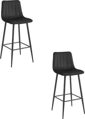 Image de Tabouret Valora POZZA Velours Noir Pieds Noirs x2 - Lot de 2 tabourets en velours avec pieds noirs