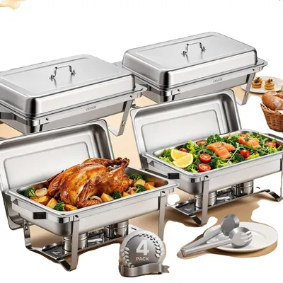 Imagen del producto de VEVOR, juego de buffet para olla caliente, de 4 piezas, calentador de alimentos de acero inoxidable (7,5 litros), calentador rectangular para catering con tapa, soporte para bandejas y estante para combustible, color plateado