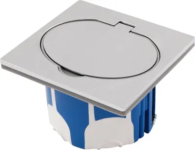 A floor socket with a stainless steel cover and a blue and white plastic housing.