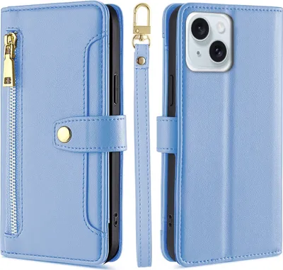 Produktbild von Handykette iPhone Hülle mit Band Handyhülle Kartenfächer Kunstleder Umhängetasche iPhone 15 Plus Hellblau
