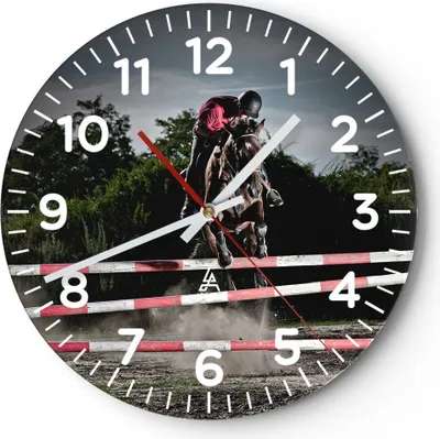 Produktbild von Wanduhr - Rund - Glasuhr - Pferd Sport Hindernisse Himmel - 30x30cm - Schleichendes Uhrwerk - Lautlos - zum Aufhängen bereit - Dekoration Modern - Wanddekoration aus Glas - C4AR30x30-2262